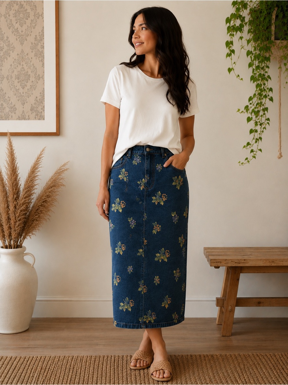 Vintage Liz Claiborne Denim Midi Pencil Skirt with Floral Print